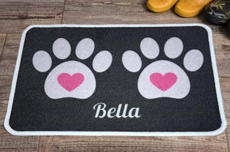 Image of Personalised Extra Large Pet Feeding Mat | Machine Washable & Absorbent Carpet Pile | Non-Slip Backing | Heart Pink