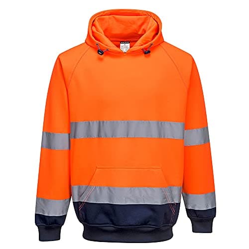 Image of Portwest B316 Hi-Vis Contrast Hoodie ANSI Certified Reflective Workwear Durable Warm 40+ UPF Protection with Kangaroo Pocket for Construction and Rail Use, Orange/Navy, M