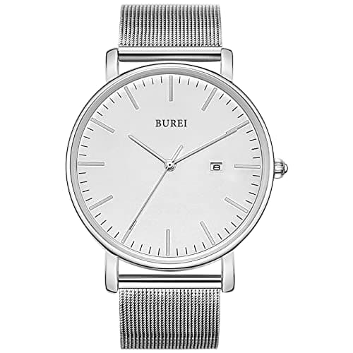 Image of BUREI Men's Watches, Classic Analogue Dial with Date Japanese Quartz and Ultra-Thin Stainless Steel Mesh Band (Silver, Stainless Steel)