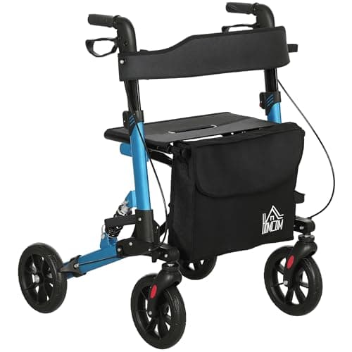 Image of HOMCOM Folding Rollator Walker with Seat, Backrest, Lightweight Walking Frame with Storage Bag, Dual Brakes, Adjustable Handle Height, Suspension System, 4 Wheeled Walker for Seniors, Blue