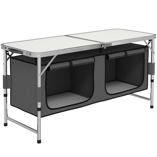 Image of Outsunny 4ft Folding Camping Cupboard Kitchen, Height Adjustable Aluminium Camping Table with Storage, Lightweight Picnic Table for Outdoor Garden BBQ Party