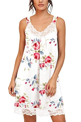 Image of PrinStory Womens Nightgown Full Slips Lace Nightdress Loose Chemise Sleepwear V-Neck Cotton Jersey Nighties (FP White, XL)