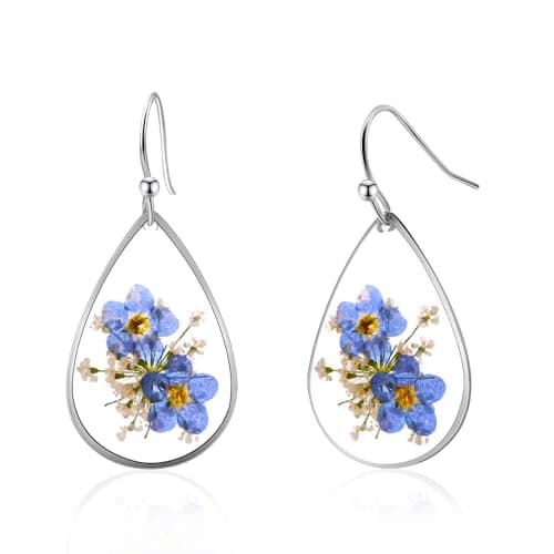 Image of Forget Me Not Earrings Pressed Flower Earrings Embossed Teardrop Earrings Silver Earrings for Women Dangle Earrings Personalized Handmade Earrings