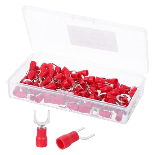 Image of sourcing map Insulated Fork Spade Connectors, 16-14AWG SV2-6 U-Type Tinned Copper Waterproof Fork Crimp terminals Connectors for Industrial Electrical Marine Wiring, Pack of 100 (Red)