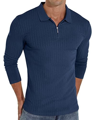 Image of Sailwind Zipper Polo Shirts for Men Long Sleeve Slim Fit Shirts Casual Stretch Ribbed Knit Zip Shirt (Blue, L)