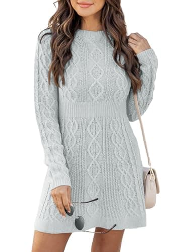 Image of Ebifin Sweater Dresses for Women Elegant Jumper Dresses Knitted Round Neck A-Line Mini Dress Winter Pullover Dresses.Light Gray.M