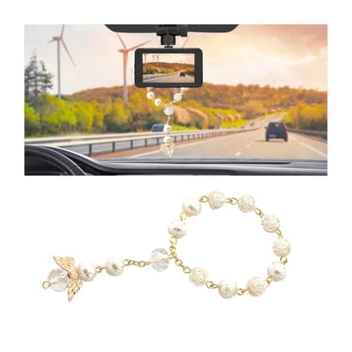Image of JNNJ Car Rearview Mirror Pendant, Car Mirror Angel Wings Rosary Pendant, Car Mirror Rosary Bracelet Pendant for Women Men, Beads Rosary Bracelet Cars Hanging Interior Accessories(Beige+Gold)
