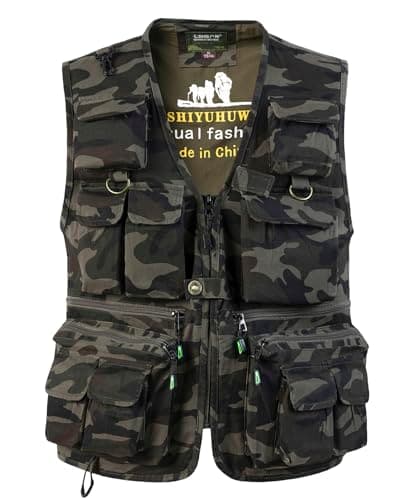 Image of SUSHIMIAN Mens Multi Pockets Fishing Vest Outdoor Work Gilets Safari Vest Sleeveless Hunting Waistcoat Photography Outerwear Gilet, Camo Green, L