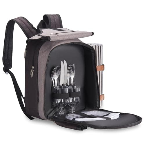 Image of VonShef Picnic Backpack, 2 Person Grey Picnic Bag with Full Dining & Cutlery Set, Insulated Cooler Compartment & Large Waterproof Picnic Blanket, Lightweight Water Resistant Camping Accessories