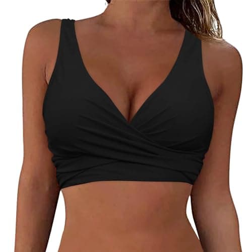 Image of Hanaoops Bikini Top for Women Sexy Push up Swimsuit V Neck Swimwear Top with Adjustable Strings Padded Separates Beach Bathing Suits