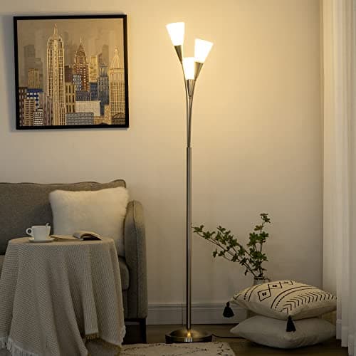 Image of HOMCOM 3-Light Upright Floor Lamps for Living Room, Modern Standing Lamp for Bedroom with Steel Base, Bulb not Included, Silver