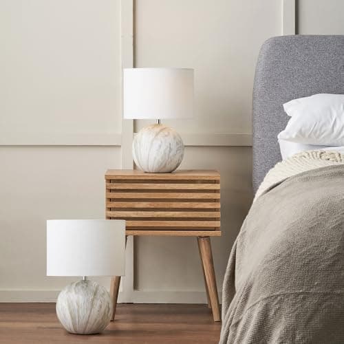 Image of Pacific Lifestyle Set of 2 Viejo Stone Effect Ceramic Table Lamp | Pair of Round Natural Bedside Table Lamps | Duo of Small Scandi Accent Lights for Living Room (Grey)