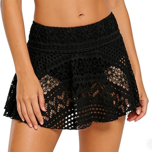 Image of ADUDVLO Lace High Waisted Bikini Bottoms with Briefs Womens Swim Skirts Bikini Bottoms Swimming Skirts Swimwear (UK, Alpha, XL, Regular, Regular, Black)