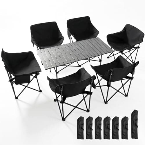 Image of Warmiehomy Garden Table and Chairs Set 6, Camping Table and Chairs, Foldable Camping Table Set, Carbon Steel Folding Table and Chairs with Side Pocket & Carry Bag for Indoor Outdoor BBQ (120cm Table)