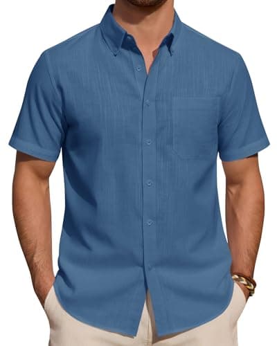 Image of J.VER Linen Shirts Men Mist Blue Summer Short Sleeve Regular Fit Smart Casual Lightweight Holiday Beach Button Down Shirt XL
