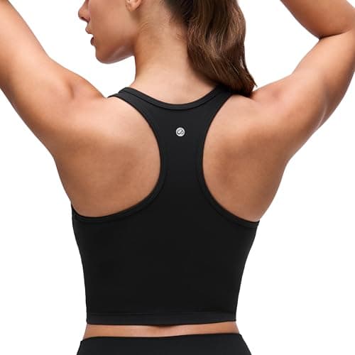 Image of CRZ YOGA Women's Butterluxe Racerback Sports Bra Wireless Padded Crop Top Longline Workout Vest Tank Tops with Built in Bra Black M