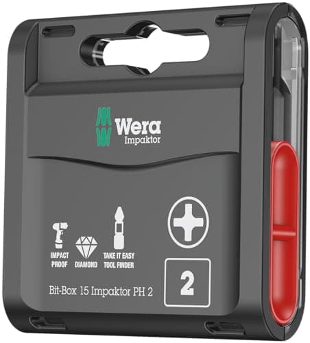 Image of Wera 05057752001 Impaktor PH2 Tri Torsion Impact Anti Cam-Out Phillips Bit-Box, 0 W, 0 V, Black, 2 x 25 mm, 15-Piece