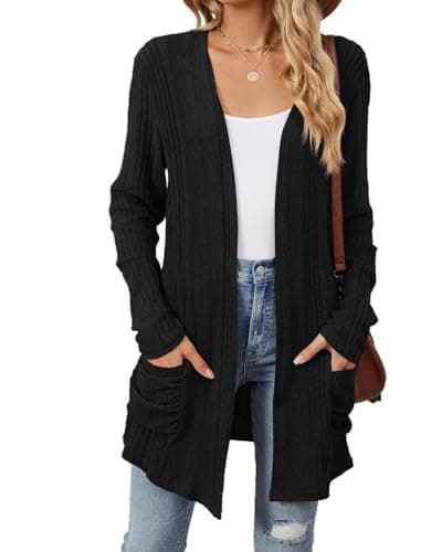 Image of Famulily Black Longline Cardigan for Women Wear with Leggings, Ribbed Casual Solid Color Outerwear Cardigan (M, Black)