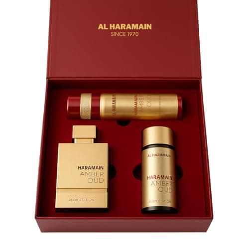 Image of Al Haramain Amber Oud Ruby Edition Gift Set | Eau de Parfum 75ml + Travel Size 30ml + Deodorant Body Spray 200ml | Premium Arabic Fragrance for Women and Men | Ideal Choice for Perfume Gifts