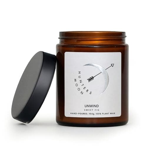 Image of Luxury Scented Candle - 'Unwind' Sweet Fig Fragrance 154g | Plant Based Soy Wax Candle Burns Evenly | Long Burning Candle 45hrs | Vegan, Paraffin Free | Hand Poured by Hunters Moon