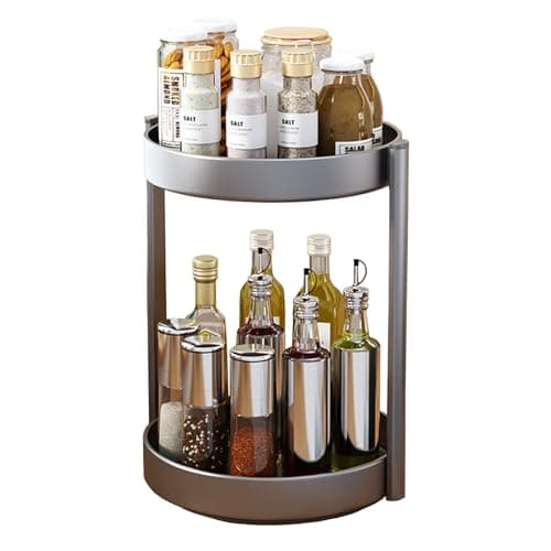 Image of JOUING Lazy Susan Turntable Rotating Spice Rack 2 Tier Kitchen Storage Cupboard Organiser Metal Removing Spice Racks for Cabinet Pantry,Table,Bathroom(Grey, 2 Tiers)