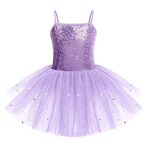 Image of IWEMEK Kids Girls Sequins Leotard Tutu Ballet Dress Sleeveless Spaghetti Strap Skating Gymnastics Children Dancewear Fairy Swan Dance Dresses Performance Ballroom Dancer Costume Purple 9-10 Years