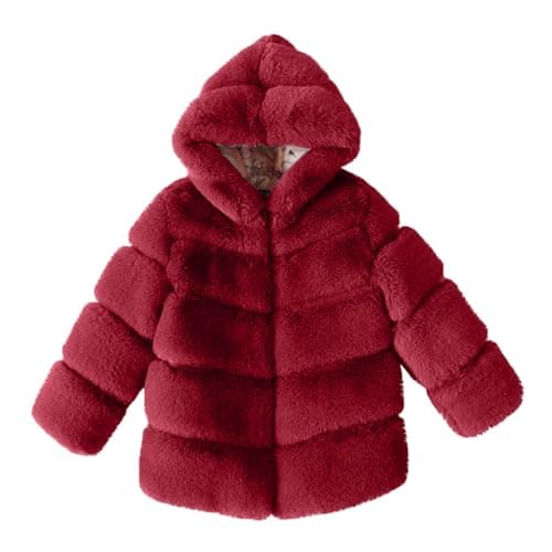 Image of AMhomely Girls Faux Fur Coat-Hooded Fluffy Cardigan Kids-Shaggy Short Coat,Artificial Fur,Solid,Thick,Overcoat,Parka,Winter Fuzzy Jackets for Children 3-14 Years Outdoor A Wine 5-6 Years