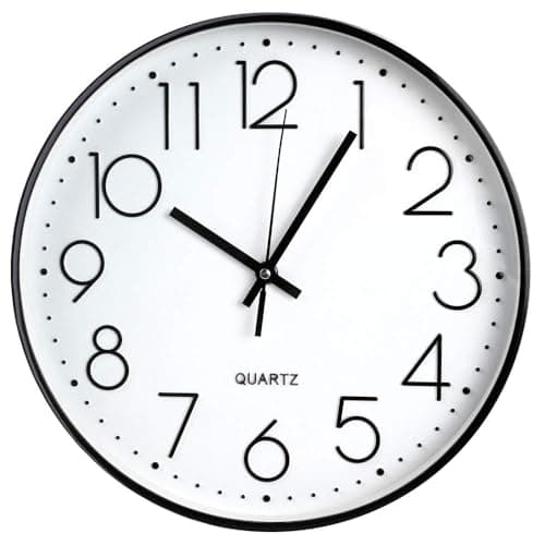 Image of TOHOOYO Wall Clock 12 Inch Non-ticking Silent Quartz Decorative Clocks with Stereoscopic Dial Ultra-Quiet Movement Quartz for Office Classroom Home Living Room Bedroom Kitchen (Black)