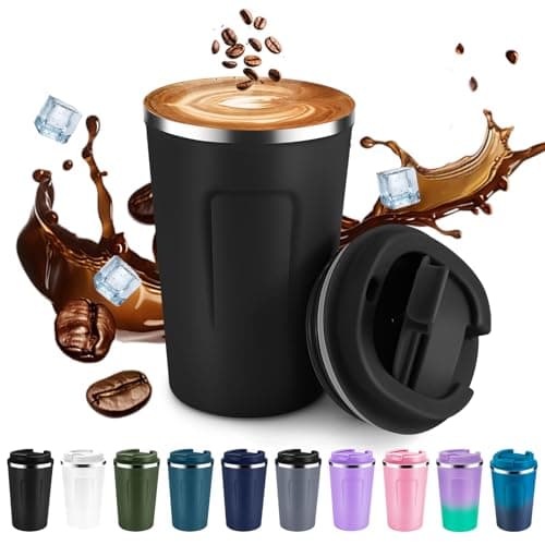 Image of Volhoply 340ml 12oz Double Wall Insulated Vacuum Travel Coffee Mug with Flip Lid,Reusable Stainless Steel Leak Proof Coffee Cup,Iced Cafe Thermal Tumbler Suitable for Hot&Cold Drinks(Black,1 Set)