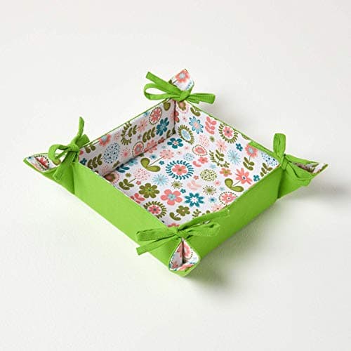 Image of HOMESCAPES Reversible Bread Basket Double Design Fabric Retro Flower Foldable Basket for Buns Eggs Baked Goods 100% Cotton Cover