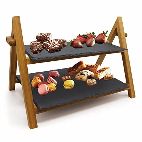 Image of 2 Tier Slate Cake Stand Wedding Tiered Serving Display Stand Food Antipasti Tapas Sushi Appetizer Cheese Boards Platter Bamboo VanGogh (1pc)