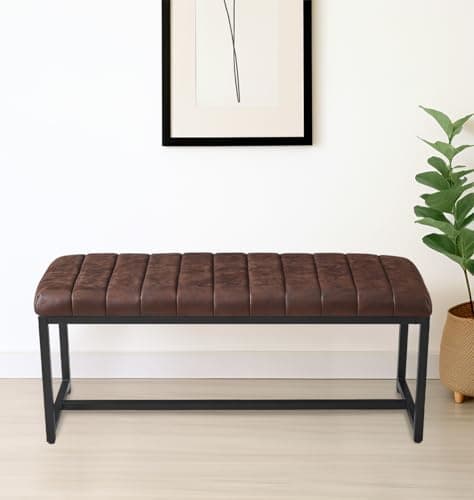 Image of Hallowood Furniture Cullompton Dining Bench with Upholstered Rich Brown Leather Effect Fabric Top and Black Metal Legs, Industrial Style Bench Seat for Dining Table at Home and Café (110cm)