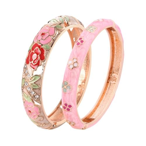 Image of Wynameleri UJOY Enamel Bangle for Women, Handmade Floral Bracelet for Lady, Vintage Jewellery Gift, 2 Pcs Pink Copper Bracelet Women, Silver Jewellery Cuff Lady Bangle Set