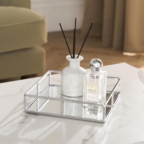 Image of OHS Mirror Tray Square Silver Decorative Mirrored Glass Metal Perfume Vanity Dresser Jewellery Cosmetics Organizer Candle Tealight Plate Display Tray for Coffee Table Bathroom Bedroom