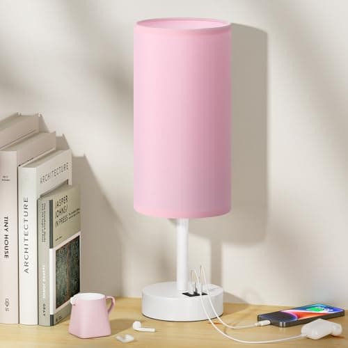 Image of Aooshine Pink Bedside Lamps, Touch Bed Lamp with USB-C+A Charging Ports, White Metal Base(Bulb Included)