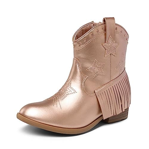 Image of DREAM PAIRS Girls Cowgirl Cowboy Ankle Western Boots Side Zipper Riding Shoes with Tassel Little Kid/Big Kid,Size 3 Big Kid,Rose Gold,SDBO2302K