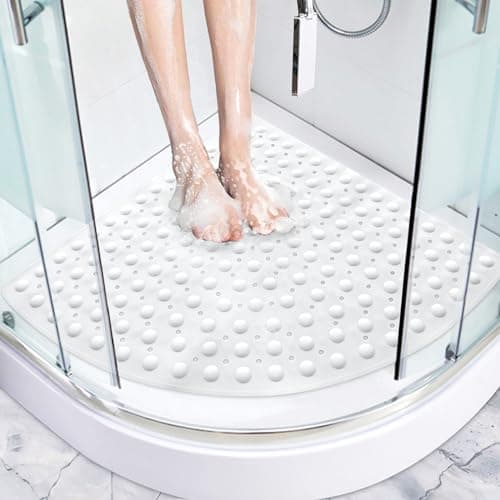Image of Corner Shower Mat Non Slip Anti Mould, 54 x 54 cm Rubber Quadrant Shower Mat for Inside Shower, Triangular Shower Mats with With Suction Cups and Drain Holes, Curved Bath Mat for Wet Room (White)