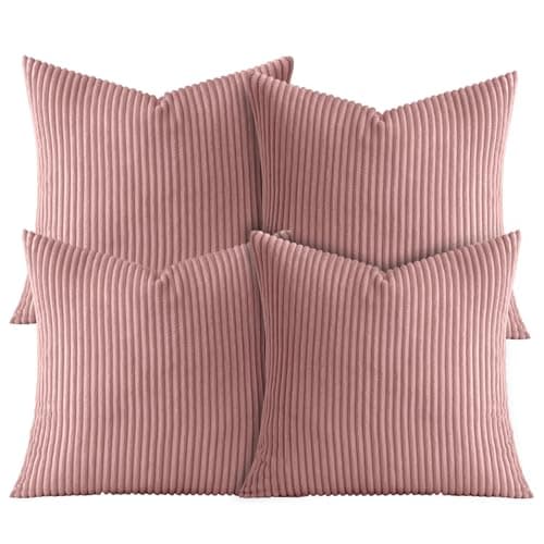 Image of AMEHA Soft Stripe Blush Pink Velvet Cushion Covers 45 x 45 cm Set of 4 Pcs with Invisible Zipper Decorative Square Throw Pillowcases for Bedroom, Sofa (18x18 inch Stripe Cushions)