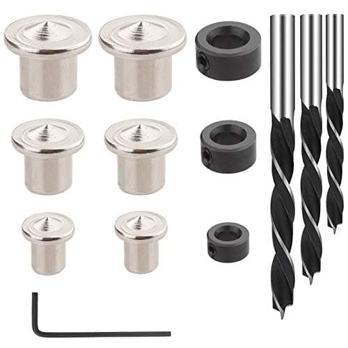 Image of Rybtd 6/8/10mm Wood Dowel Hole Drilling Guide Jig Kit with 6 Dowels Alignment Tool+3 Drill Depth Stops+3 Dowel Drill Suitable for Woodwork Drill Tools Used by DIY Worker to Mark Pin Center Position