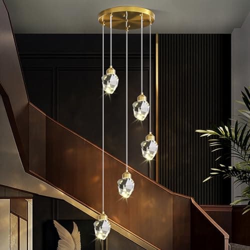 Image of Sxtiger Modern Crystal Pendant Light, 3-Color LED Gold Ceiling Hanging Lamp, for Kitchen Island Bedroom Living Room Dining Room Lighting (5-Head Round Base)