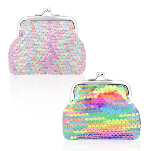 Image of KALIONE 2 Packs Sequin Change Purse for Women, Small Colorful Coin Purses Coin Wallet with Kiss Lock Closure Reversible Glitter Sequin Wallet Pouch Gift for Women Girls Keep Change, Keys, Lipstick