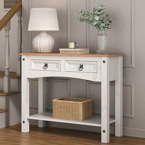 Image of Corona White Console Table with 2 Drawers Mexican Solid Pine W 90 x D 35 x H 73 cm