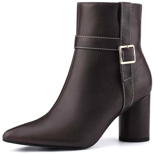 Image of Perphy Pointed Toe Buckle Decor Block Chunky Heel Ankle Boots for Women Coffee 6 UK/Label Size 8 US