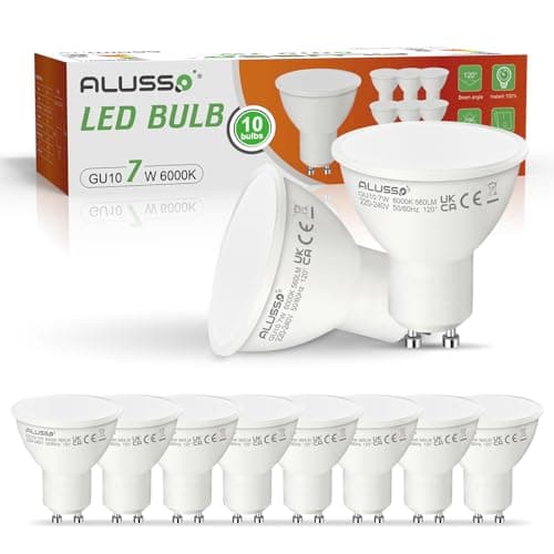 Image of ALUSSO 7W GU10 LED Light Bulbs, 560lm Cool White 6000K, Non-dimmable, 120° Beam Angle, LED Spotlight Bulbs Suitable for Living Room, Bedroom, Kitchen, Pack of 10