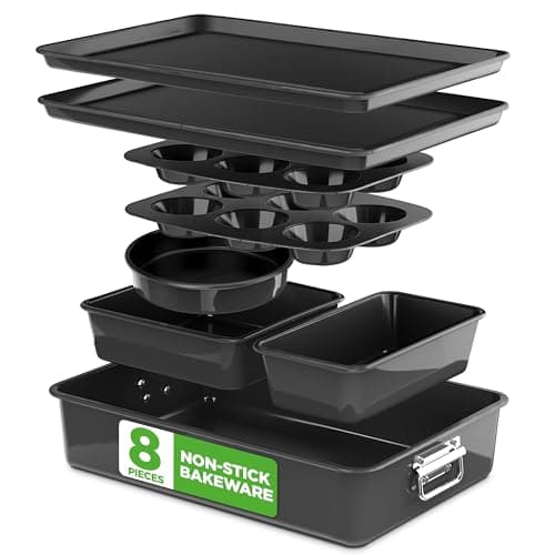 Image of NutriChef Baking Tray Set, 8-Piece Non-Stick Oven Bakeware, Stackable Trays with Cookie, Loaf, Pizza, Muffin, Cake, Round, Square Pans, Durable Kitchen Set