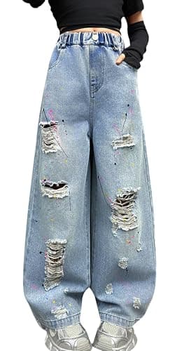 Image of Maeau Kids Jeans Elastic Waist Girls Wide Leg Ripped Jeans Washed Denim Baggy Jean Trousers with Pockets Painted Blue 13-14 Years