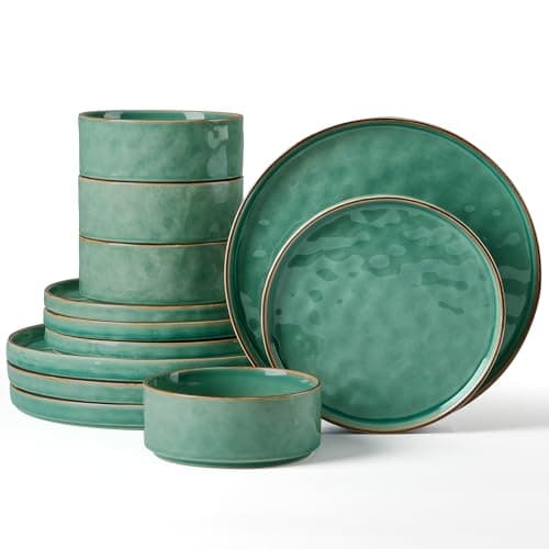 Image of Herogo 12 Piece Dinner Set, Stoneware Dinnerware Sets for 4 People, Reactive Glaze Dining Plates and Bowls, Microwave and Dishwasher Safe, Chip and Scratch Resistant, Emerald Green