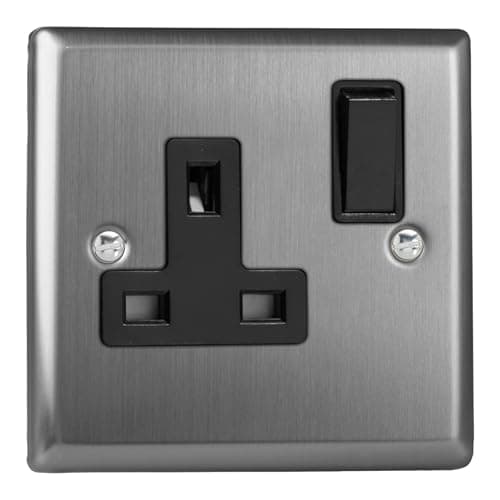 Image of Varilight Single Switched Plug Socket - Classic Brushed Steel With Black Insert, XT4B