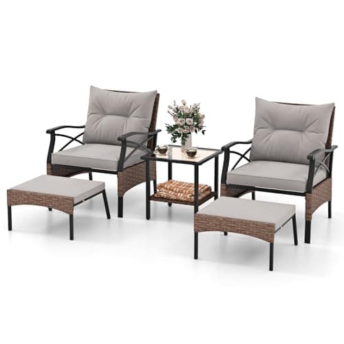 Image of COSTWAY 5 Pieces Rattan Garden Furniture Set, Patio Conversation Set with 2 Chairs, 2 Footstools, Glass Top Coffee Table & Thick Cushions, Wicker Weave Outdoor Sofa Seating Set (Grey+Mix Brown)