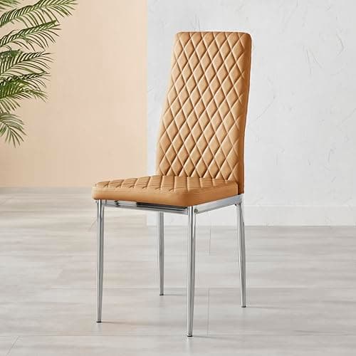 Image of Furniturebox UK Milan 4/6 Modern Stylish Chrome Hatched Diamond Faux Leather Dining Chairs Seats Set (4x Mustard Yellow Chairs)
